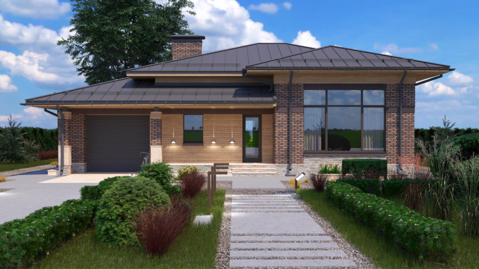 Одноэтажный дом в стиле Райта 200-250 кв