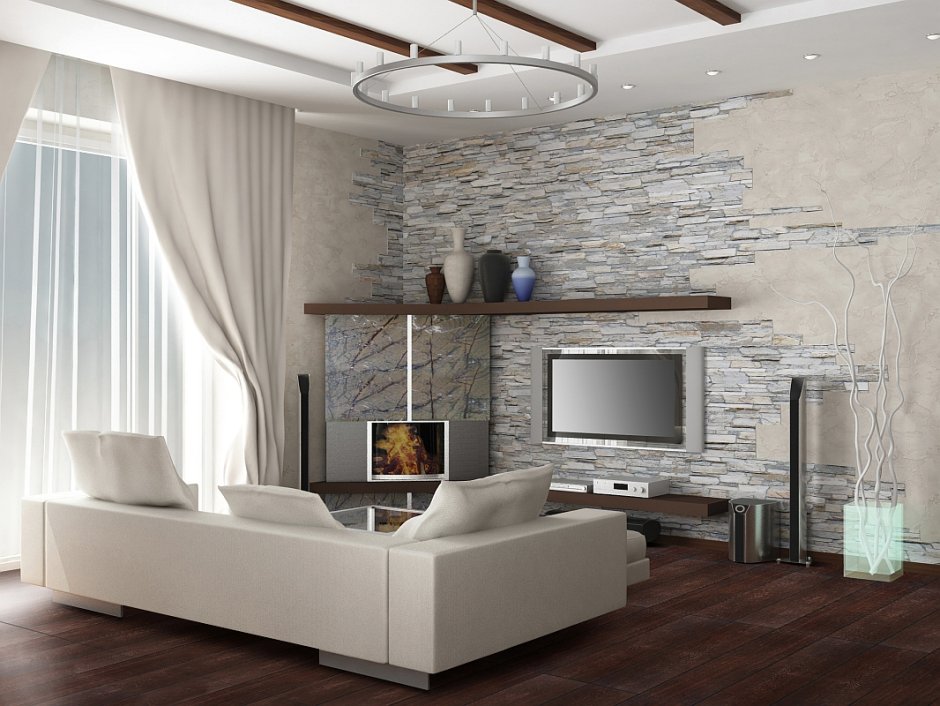 Декоративная штукатурка под камень в интерьере гостиной