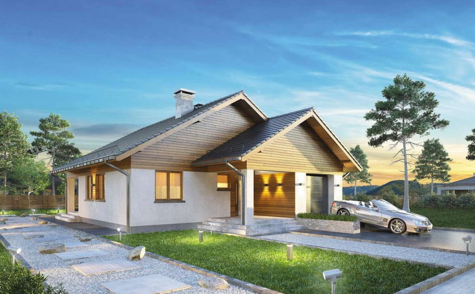 Одноэтажный деревянный дом с гаражом