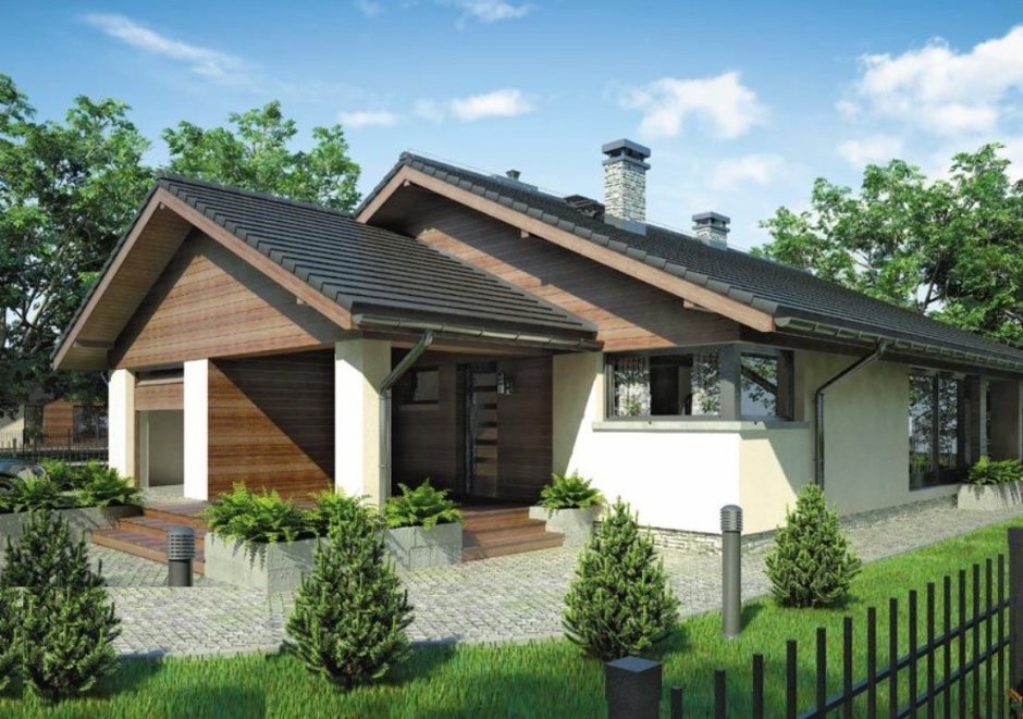 Одноэтажный дом с разноуровневой крышей