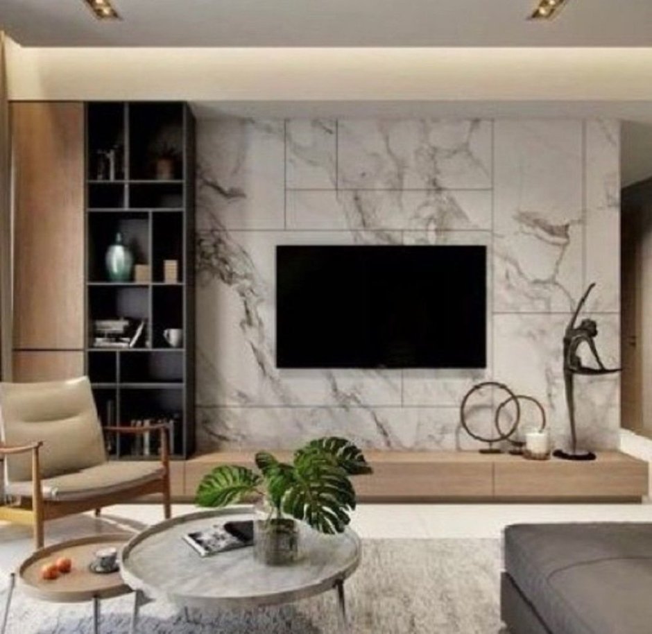 Мраморная стена в интерьере гостиной