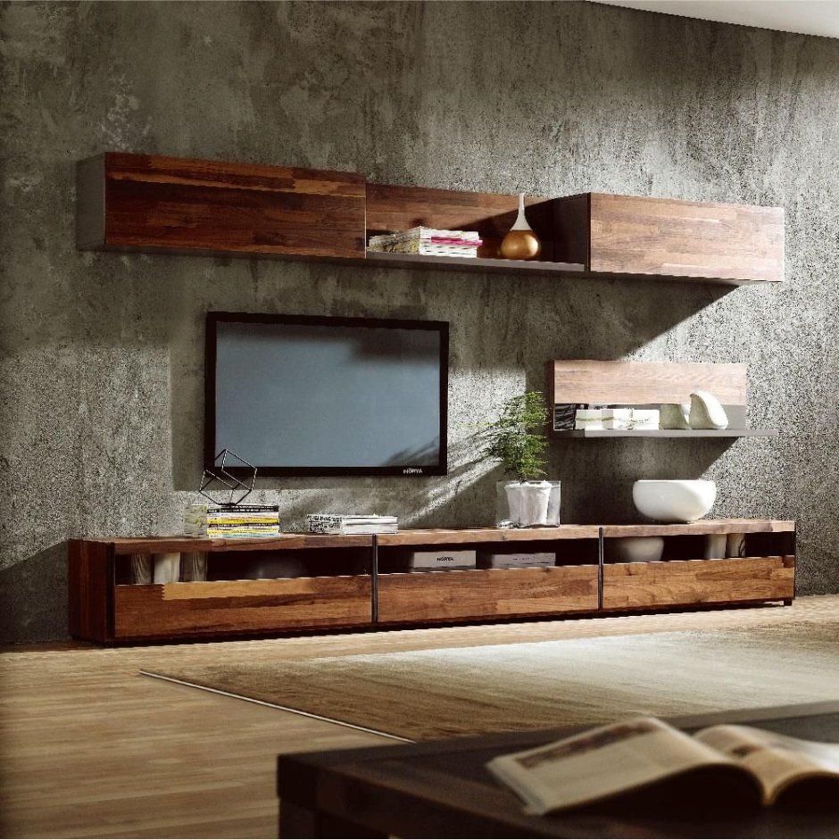 Подвесная тумба под телевизор в современном стиле в гостиную