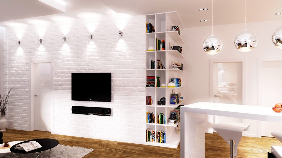 Стенка из белого кирпича в интерьере