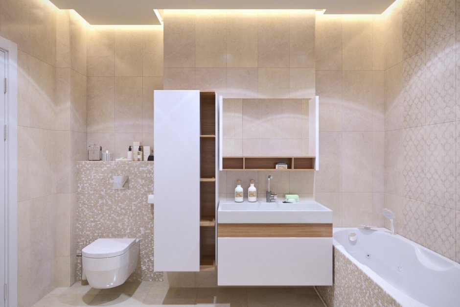 Совмещенная ванная в бежевом