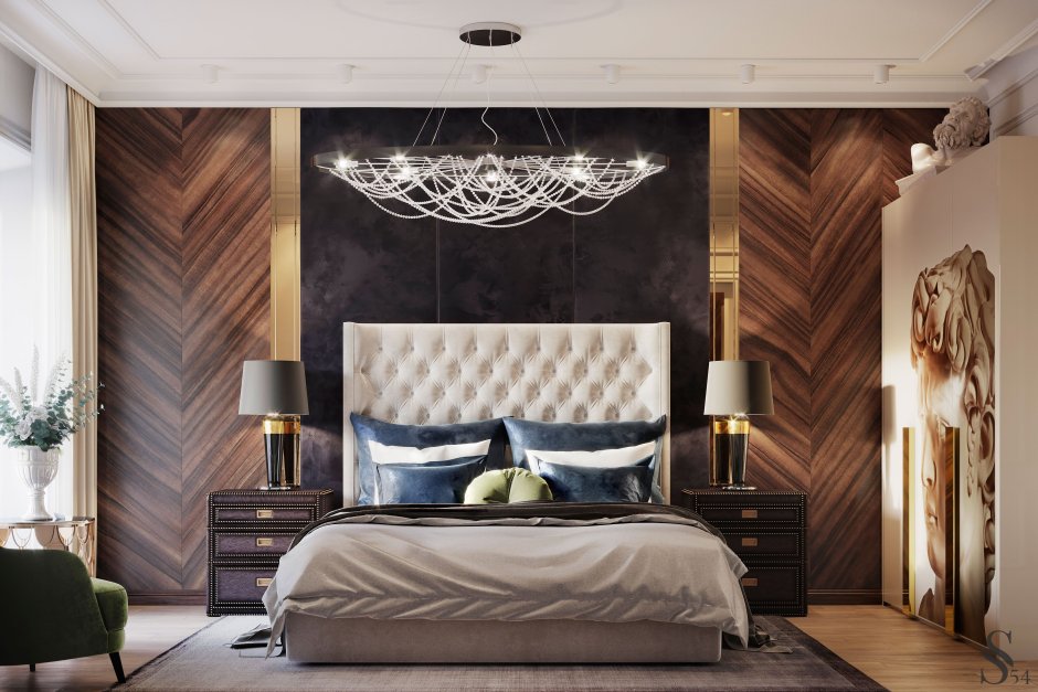 Обои с перьями в спальне