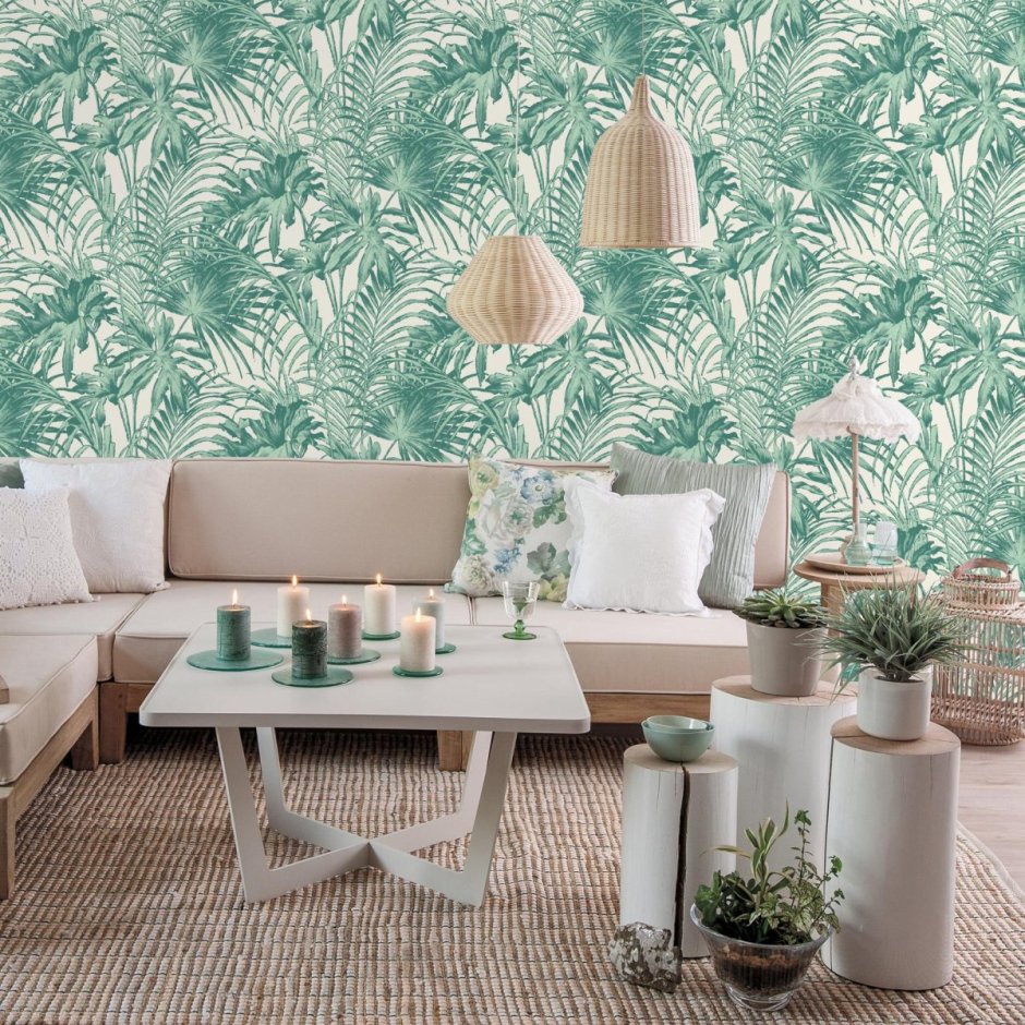 Обои папоротник бирюзовый в интерьере