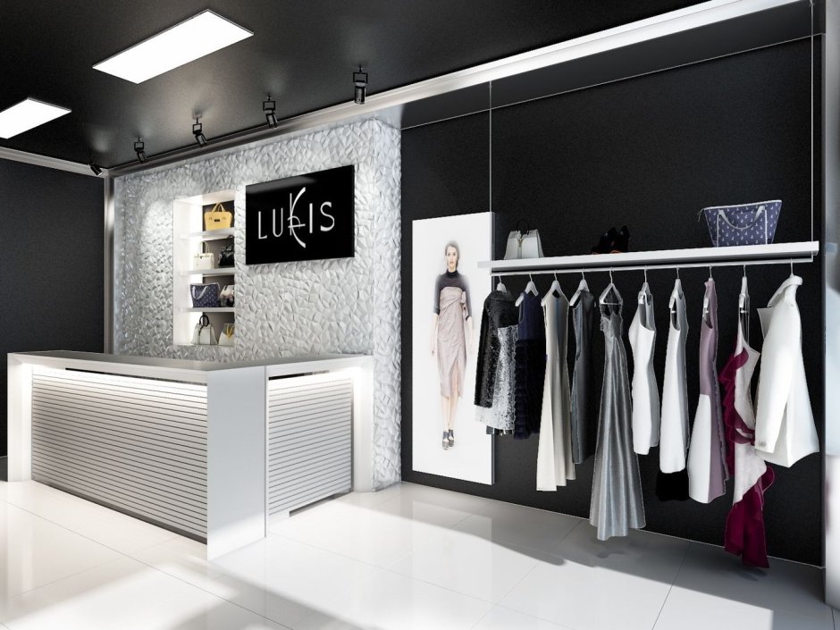 Черно белый интерьер магазина одежды