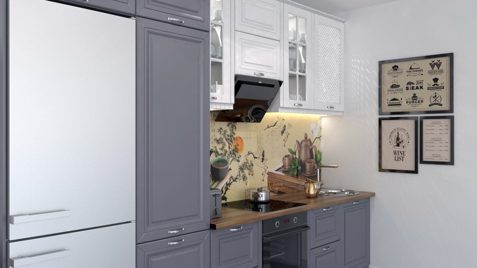 Кухня с бежевым холодильником