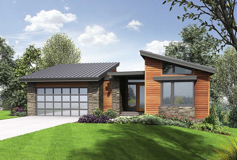 Дом с односкатной крышей и гаражом