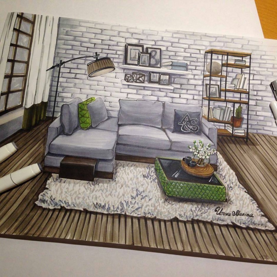 Гостиная в перспективе карандашом