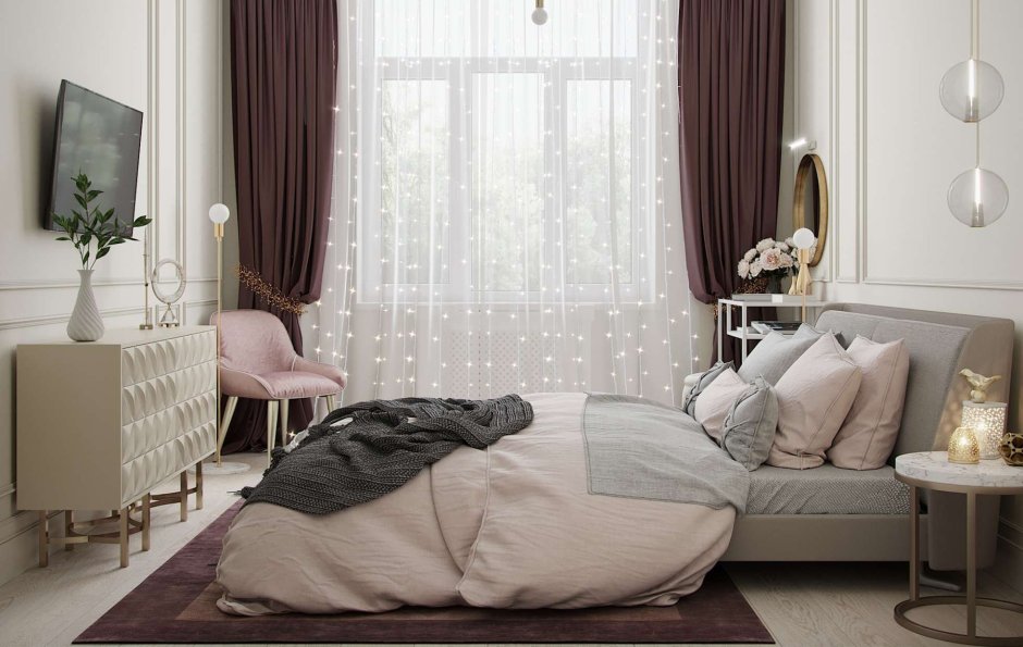 Пудровые шторы в интерьере