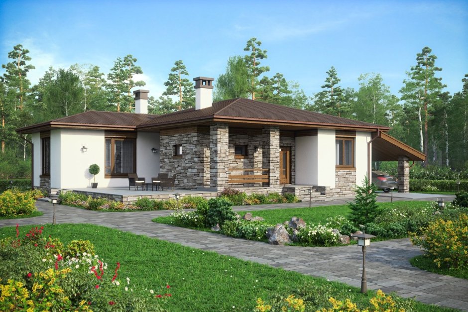 Одноэтажный дом в стиле Райта до 100 кв.м