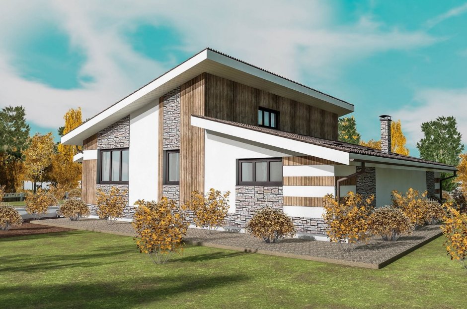 Дом из газобетона с односкатной крышей и террасой