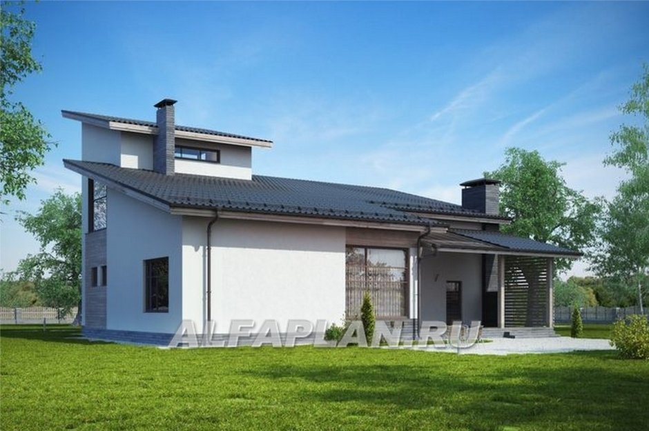 Дом из газобетона с односкатной крышей и террасой