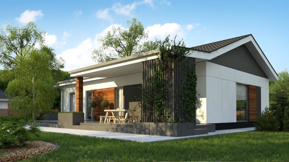 Угловой дом с односкатной крышей