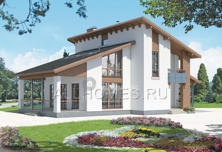 Двухэтажный дом с разноуровневой крышей