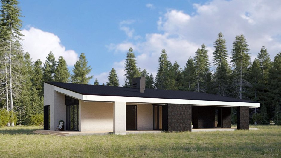 Одноэтажный дом хайтек с односкатной крышей