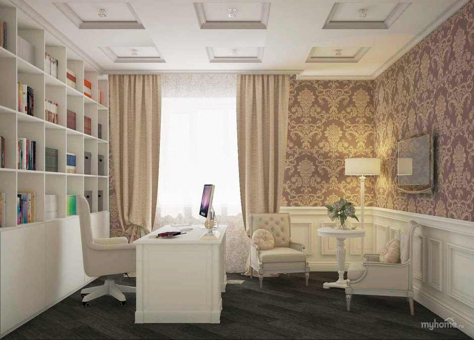 Кабинет в классическом стиле в светлых тонах