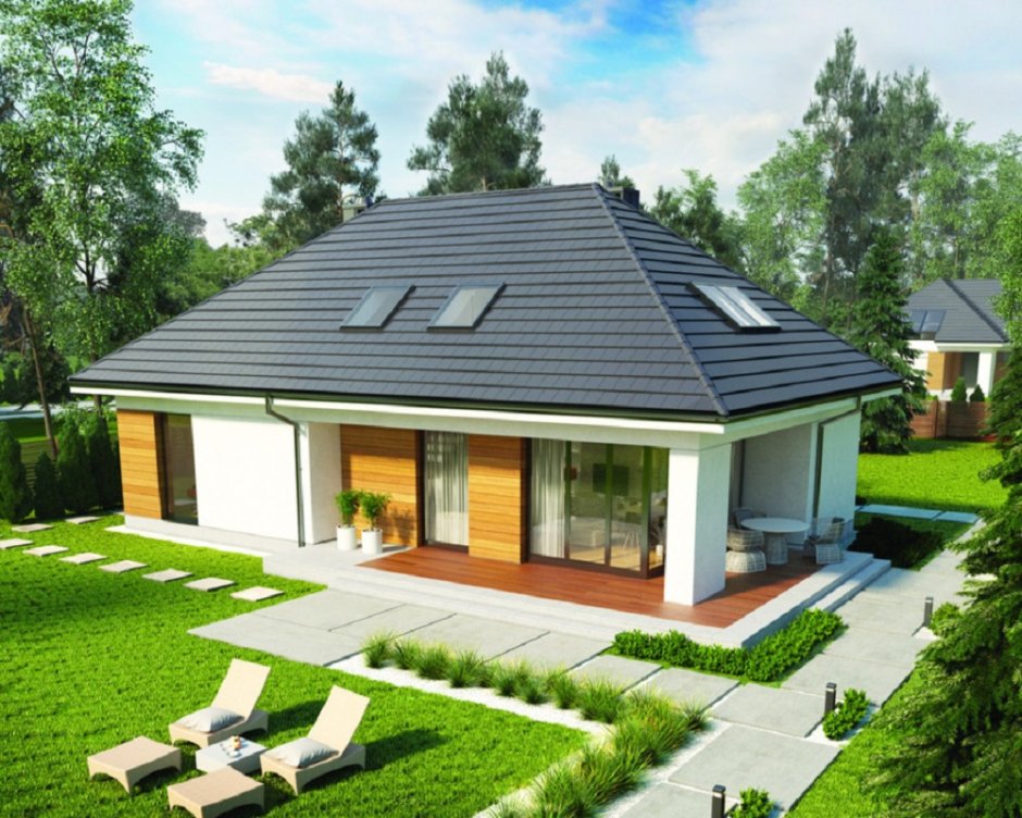 Одноэтажный дом с серой крышей