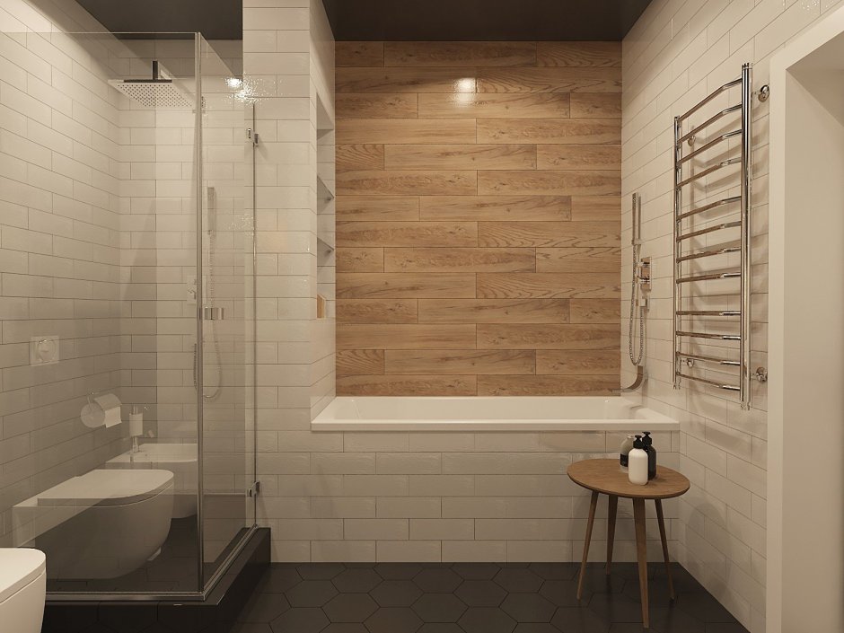 Ванная с плиткой под дерево