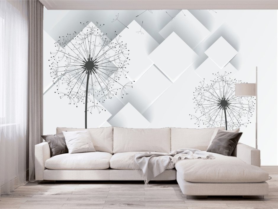 Обои одуванчики и люстра в интерьере