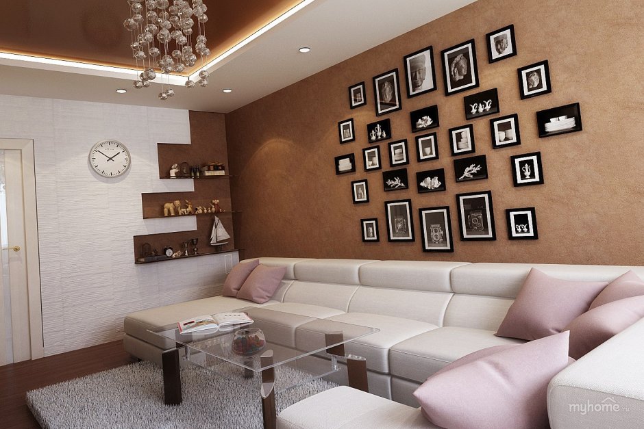 Коричневый диван в интерьере гостиной