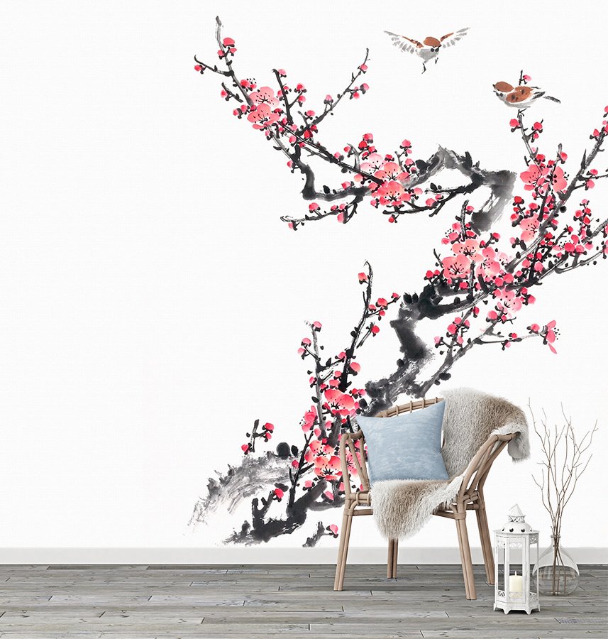 Обои цветочный принт крупный в интерьере листья