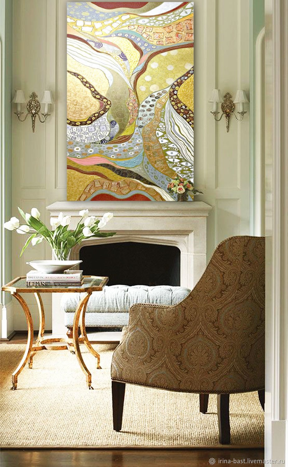 Живопись цветы с поталью в интерьере