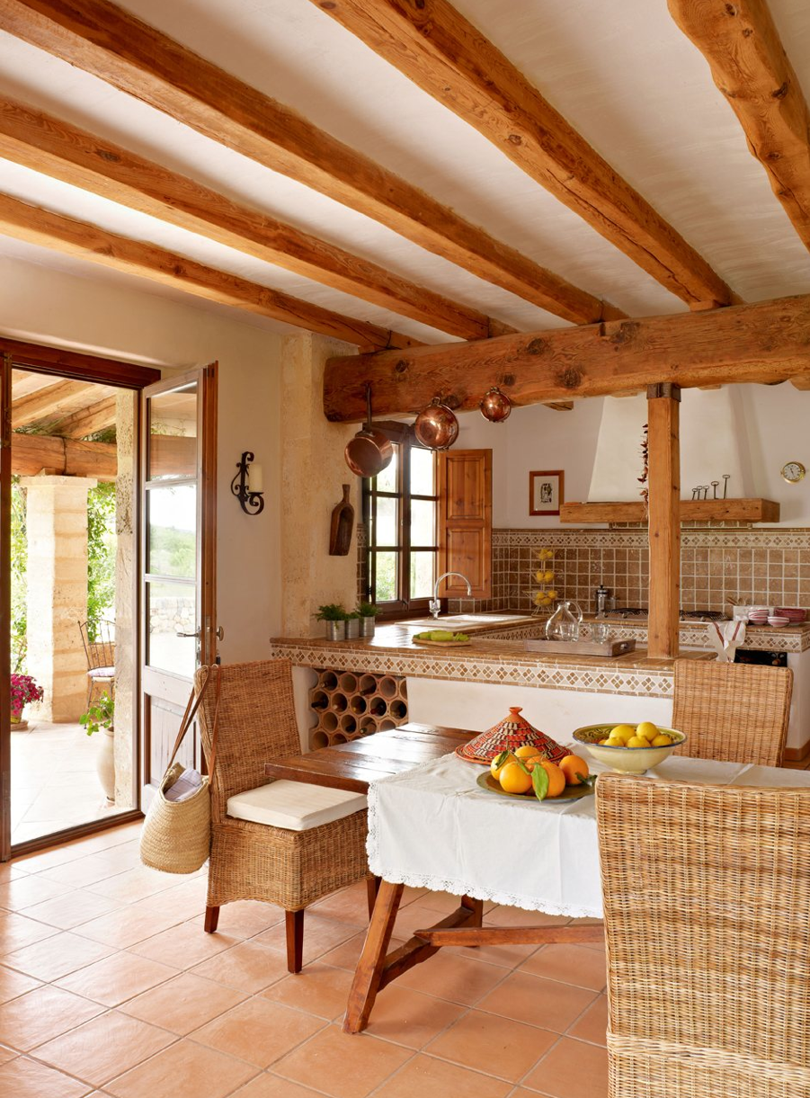 Кухня с балками на потолке