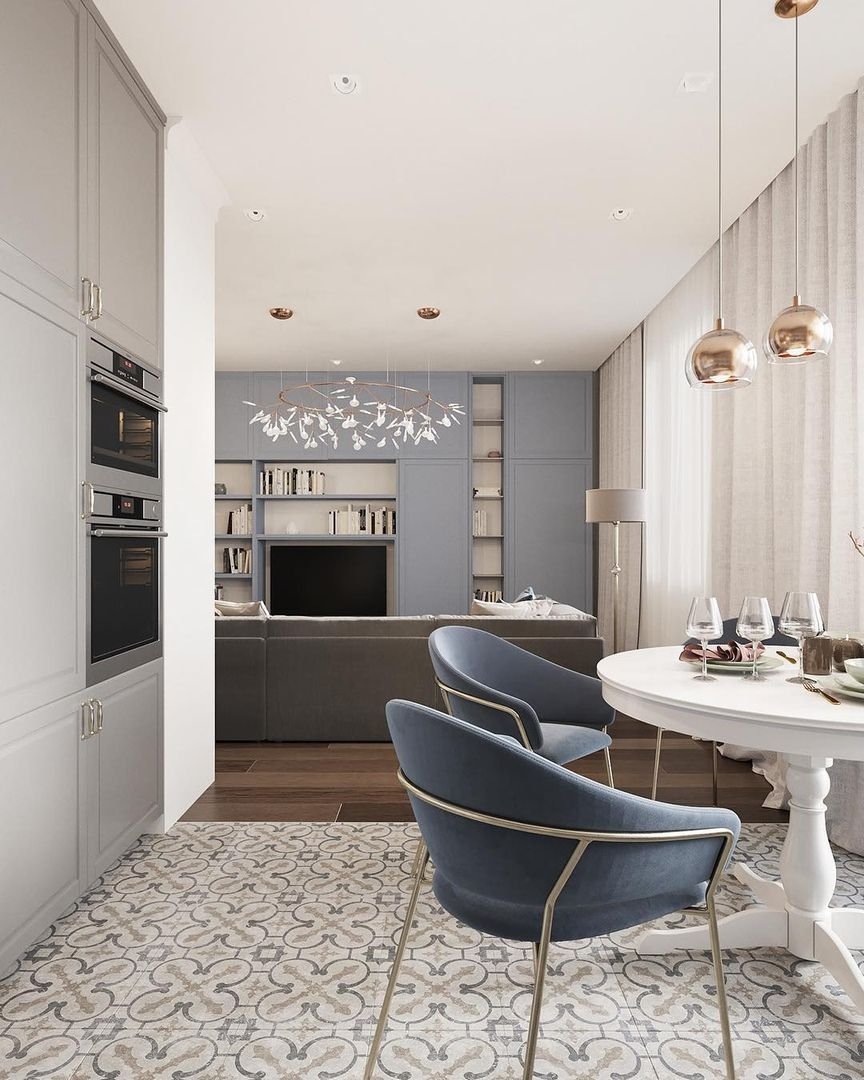 Кухня современная классика в серо голубых тонах