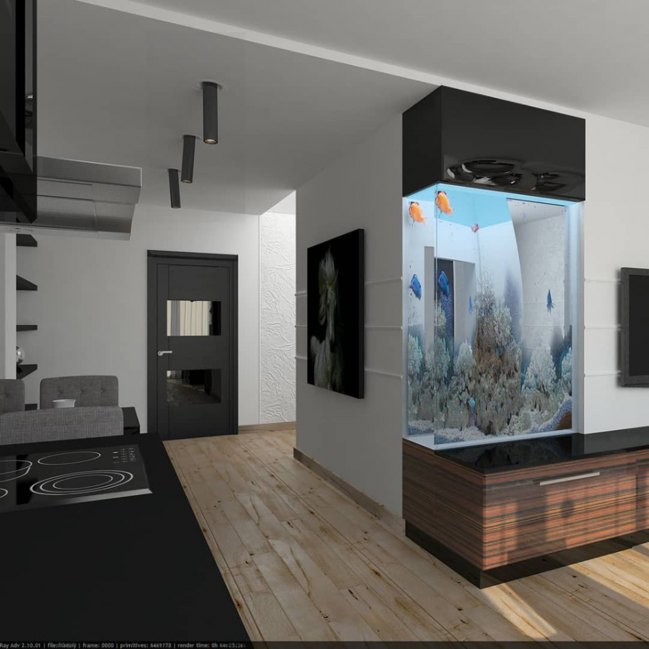 Камин с аквариумом в интерьере