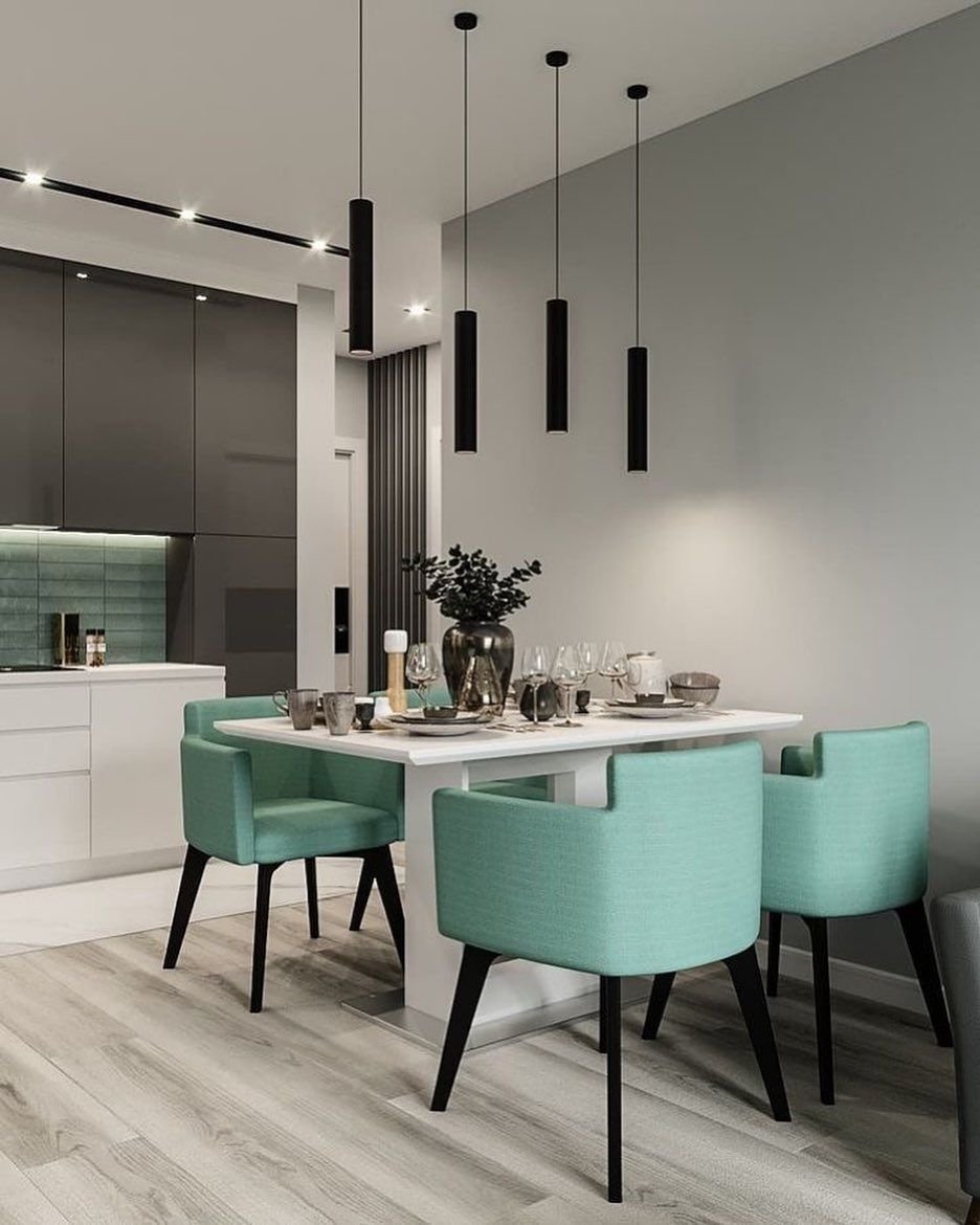 Интерьер бело изумрудной кухни