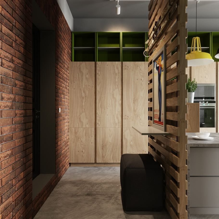 Стиль лофт с деревом в прихожей