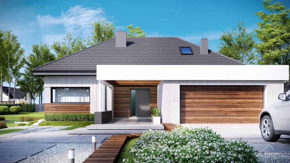 Одноэтажный дом с односкатной крышей и гаражом