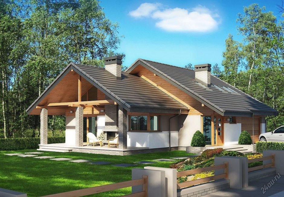 Одноэтажный дом с разноуровневой двускатной крышей