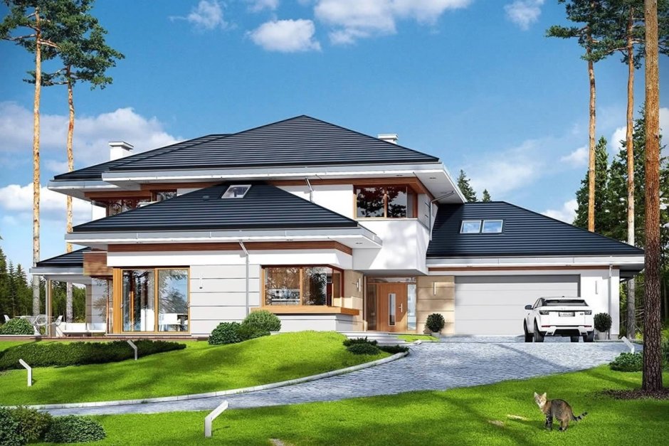 Дом с вальмовой крышей и гаражом