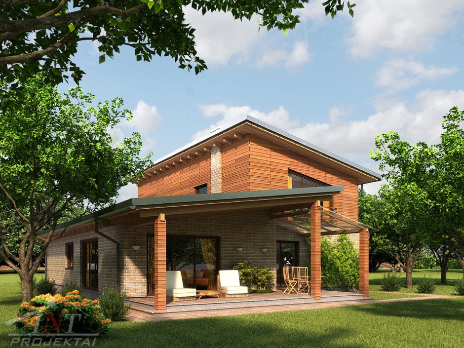 Дом с разноуровневой двускатной крышей