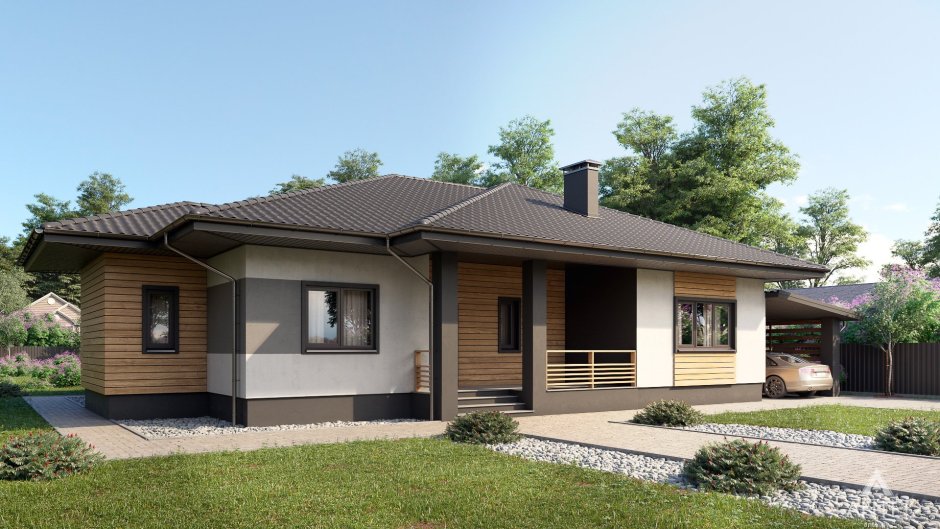 Одноэтажный дом с двускатной крышей