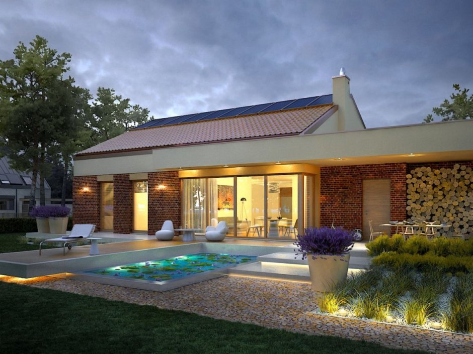 Фасады одноэтажных домов с двускатной крышей