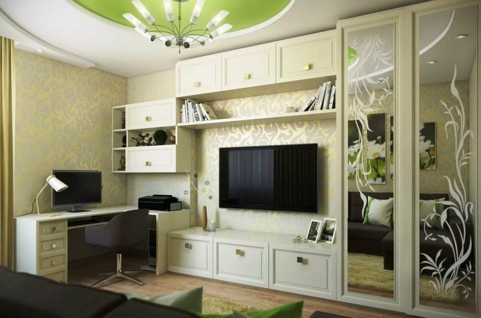 Стенка в гостиную с компьютерным столом и телевизором