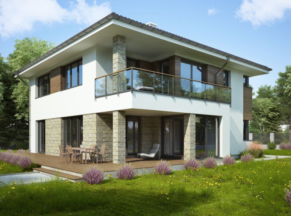 Двухэтажный дом с большим балконом