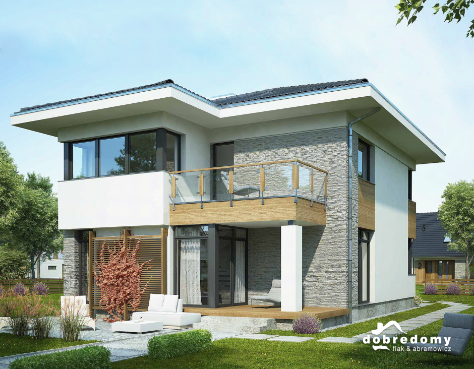 Двухэтажный дом с плоской крышей и балконом