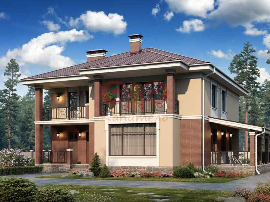 Кирпичный дом с террасой и балконом