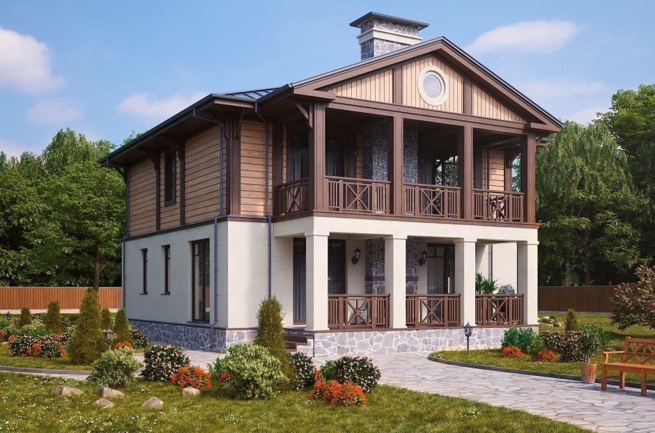 Двухэтажный дом с террасой и балконом