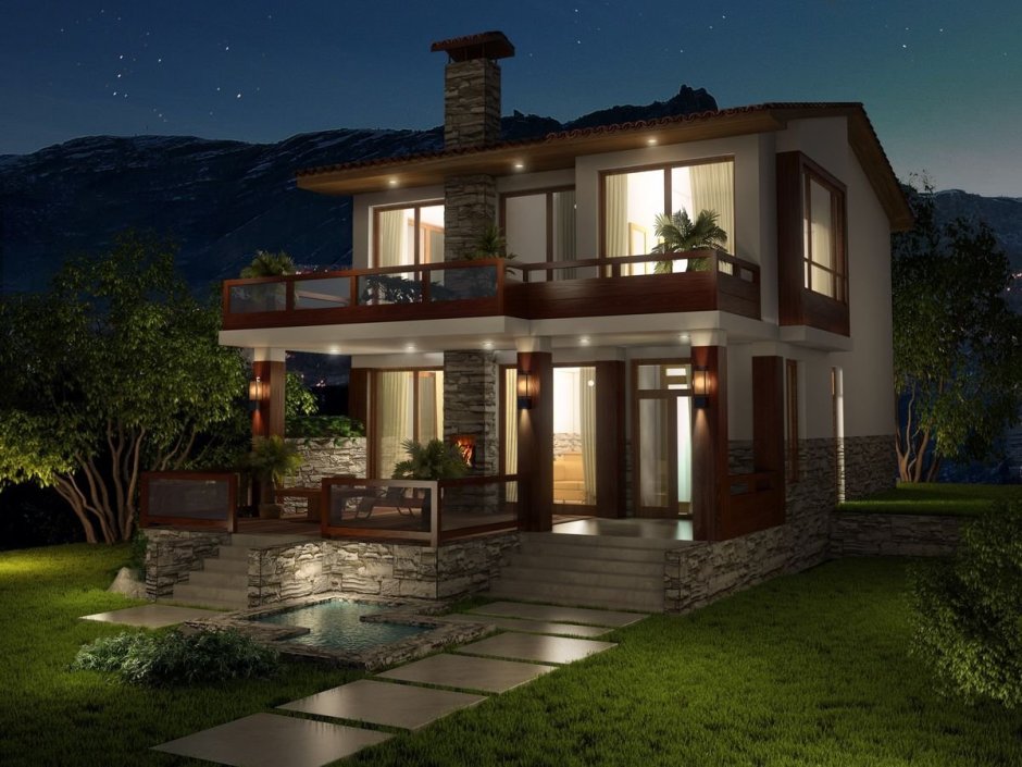 Красивый двухэтажный дом с террасой