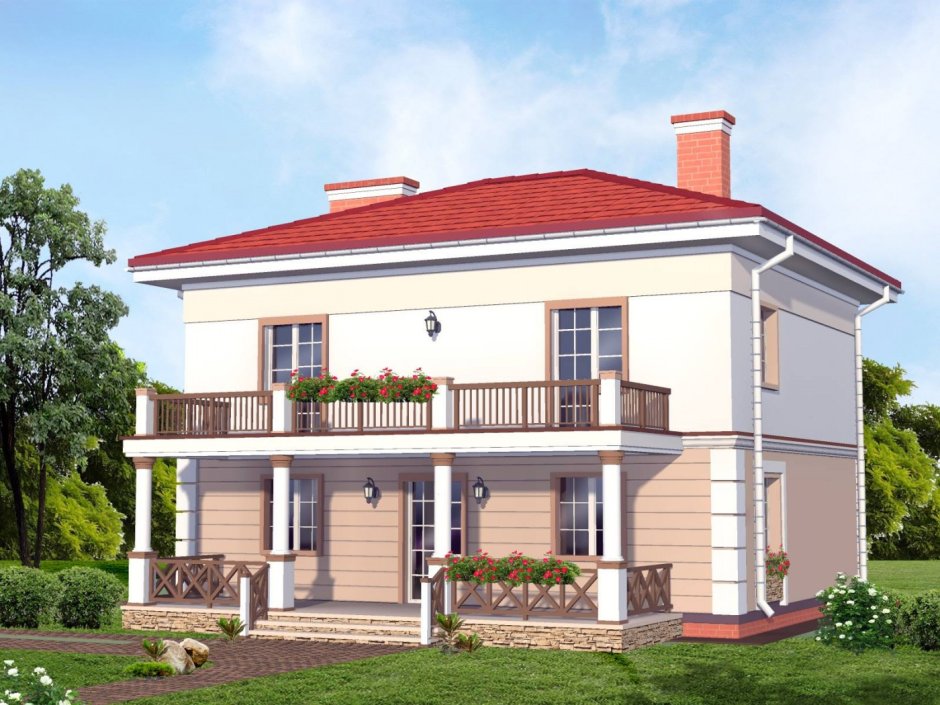 Двухэтажный дом с террасой и балконом