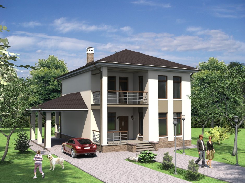 Двухэтажный дом с четырехскатной крышей и террасой