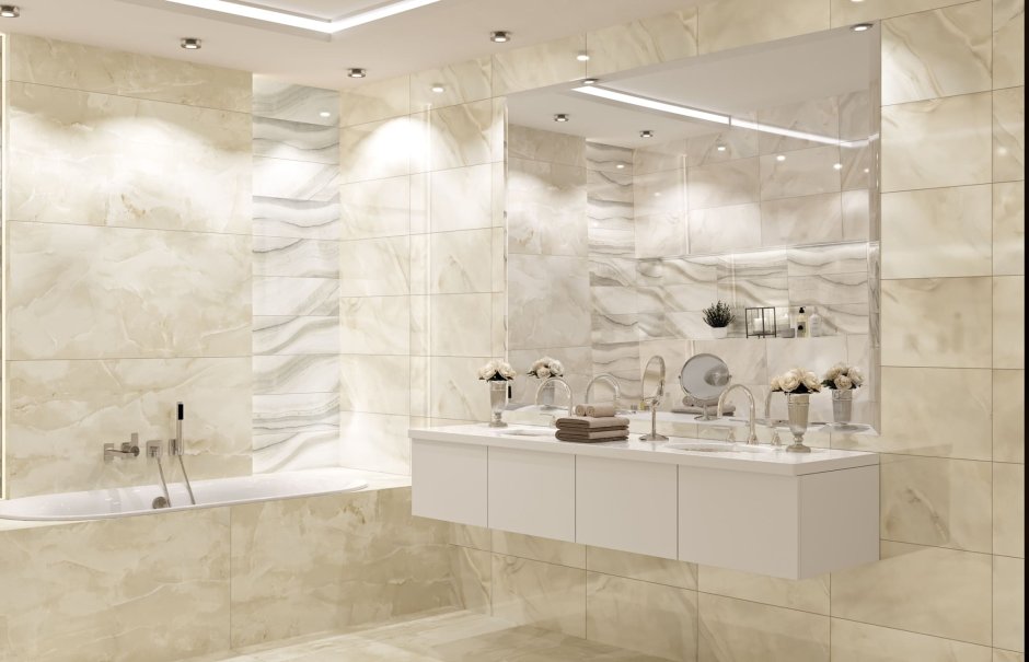 Белая кухня с мраморным полом