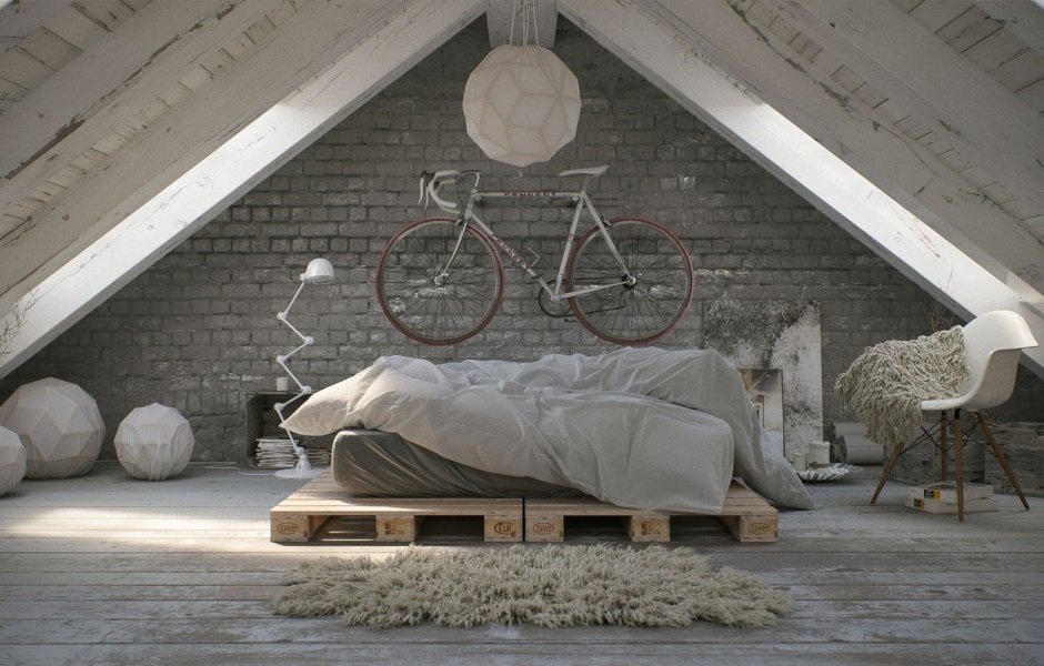 Спальня на чердаке в стиле лофт