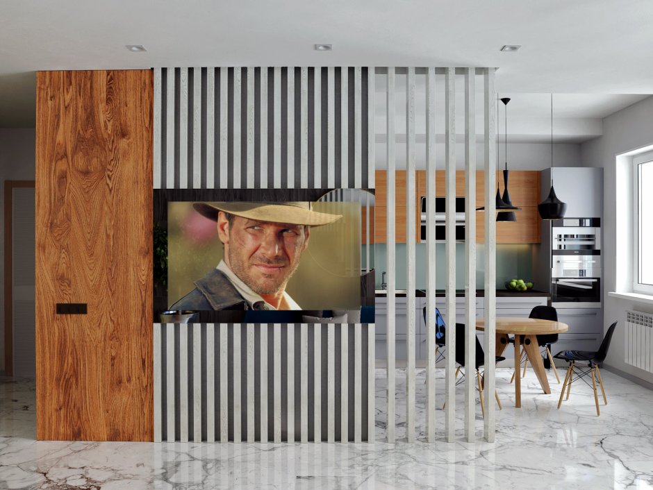 Спальня с гостинной с деревянной перегородкой